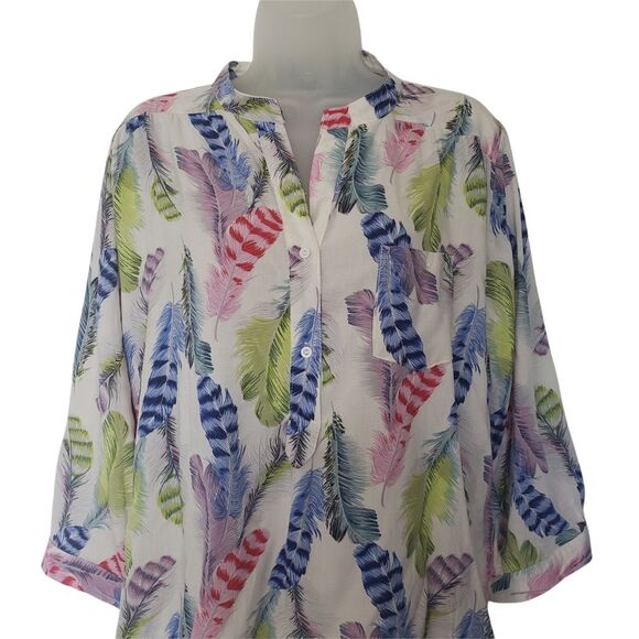 Depri Feather Novelty Print Blouse Size L Multi-colored Mandarin Neck 3/4 Sleeve - Picture 8 of 8
